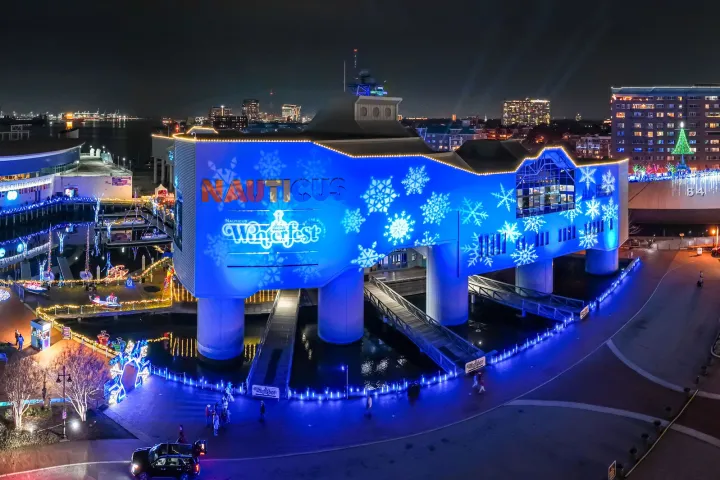 Night view of a waterfront venue lit with blue holiday lights and snowflake decorations.